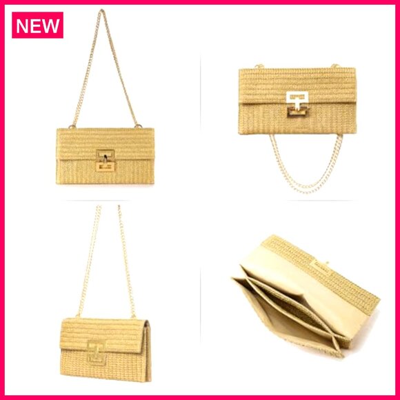 Straw Clutch Evening Bag with Adjustable Chain Strap for Summer Events